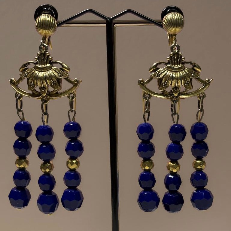 Vintage Florenza Clip-On Earrings Cobalt Blue Glass Bead Chandelier Signed 40$